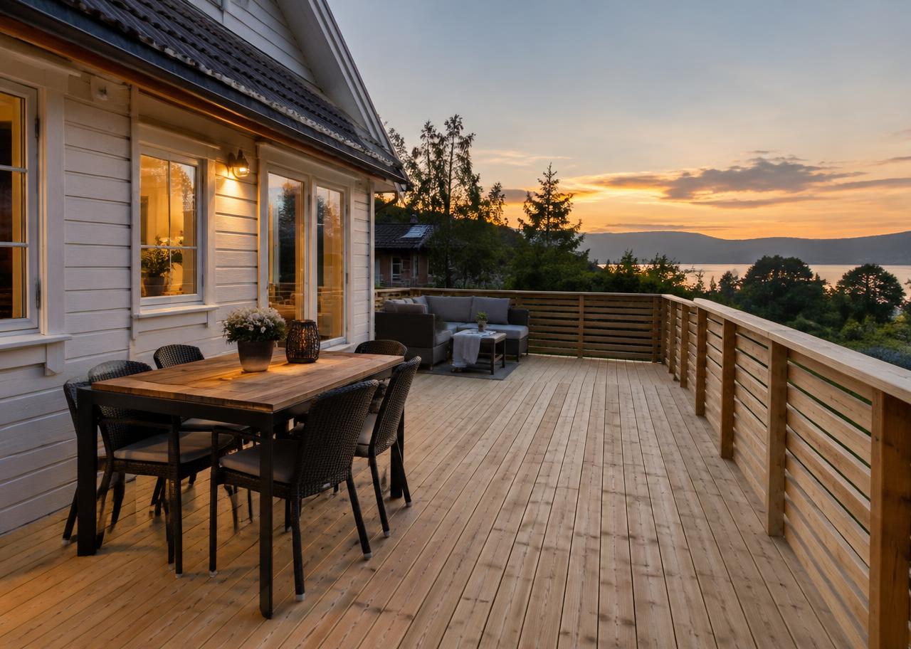 Terrasse i naturlig treverk (illustrasjon)